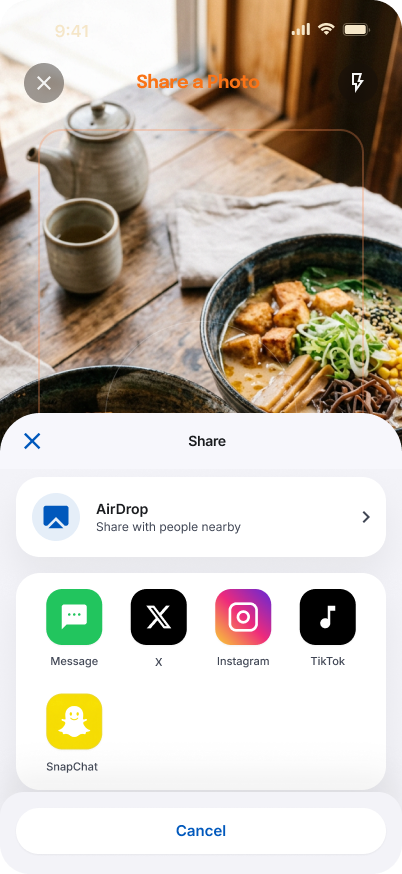 COOKA hi-fi: share sheet over a generated recipe card