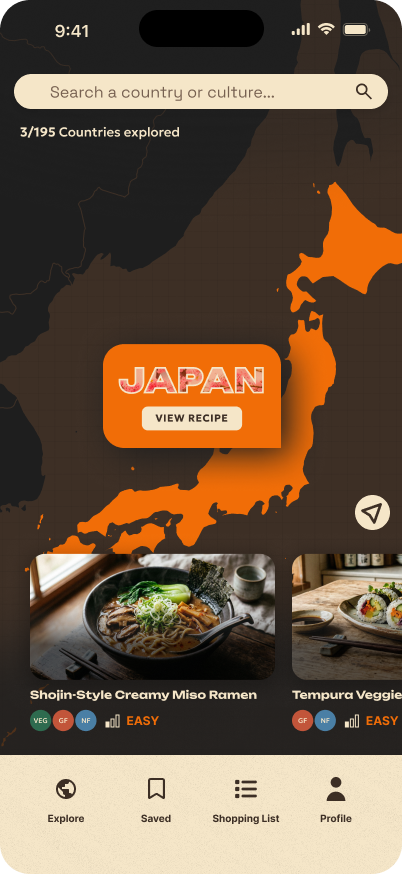 COOKA hi-fi: global explore screen with world map
