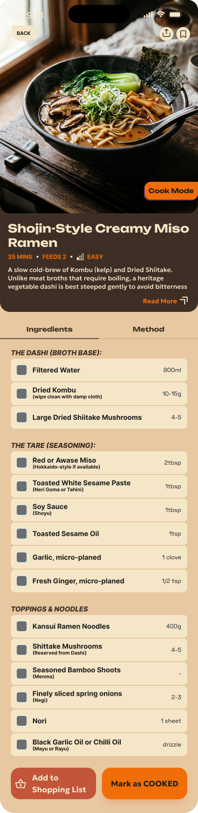 COOKA hi-fi: recipe detail, Ingredients tab