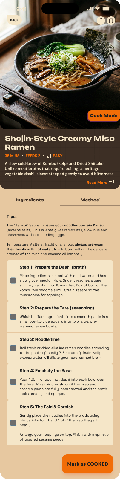 COOKA hi-fi: recipe detail, Method tab