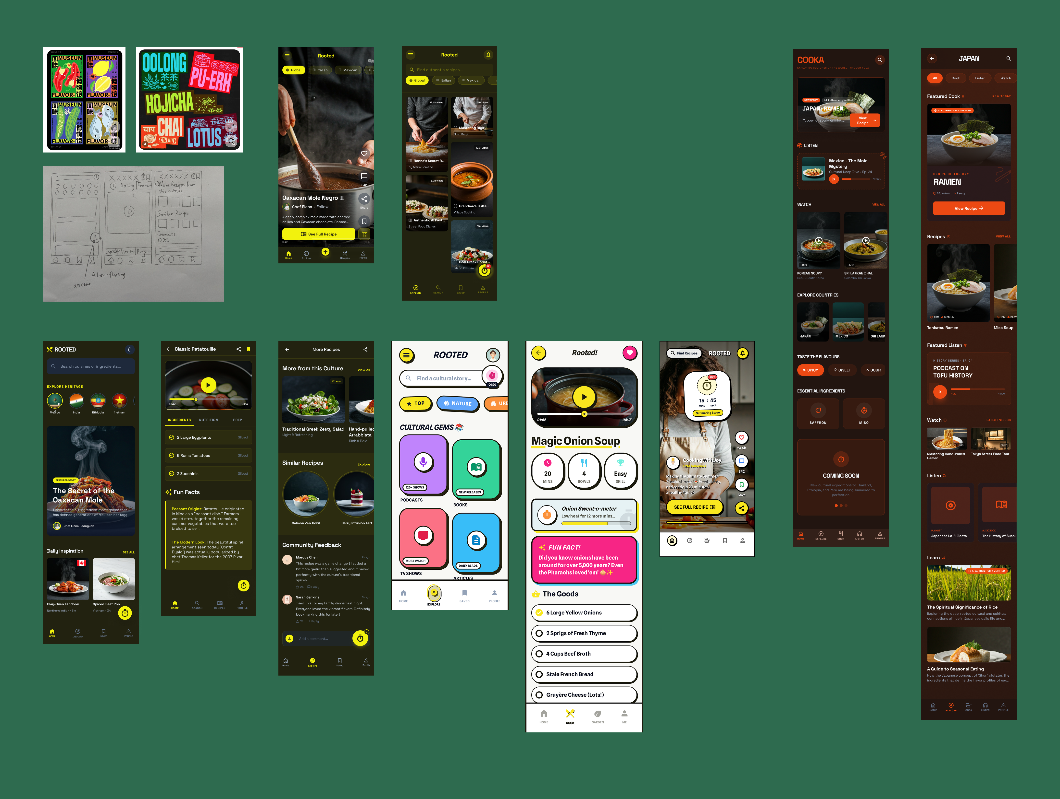 AI-generated hi-fi style exploration board: a spread of COOKA screen concepts across different layouts, type pairings and moods