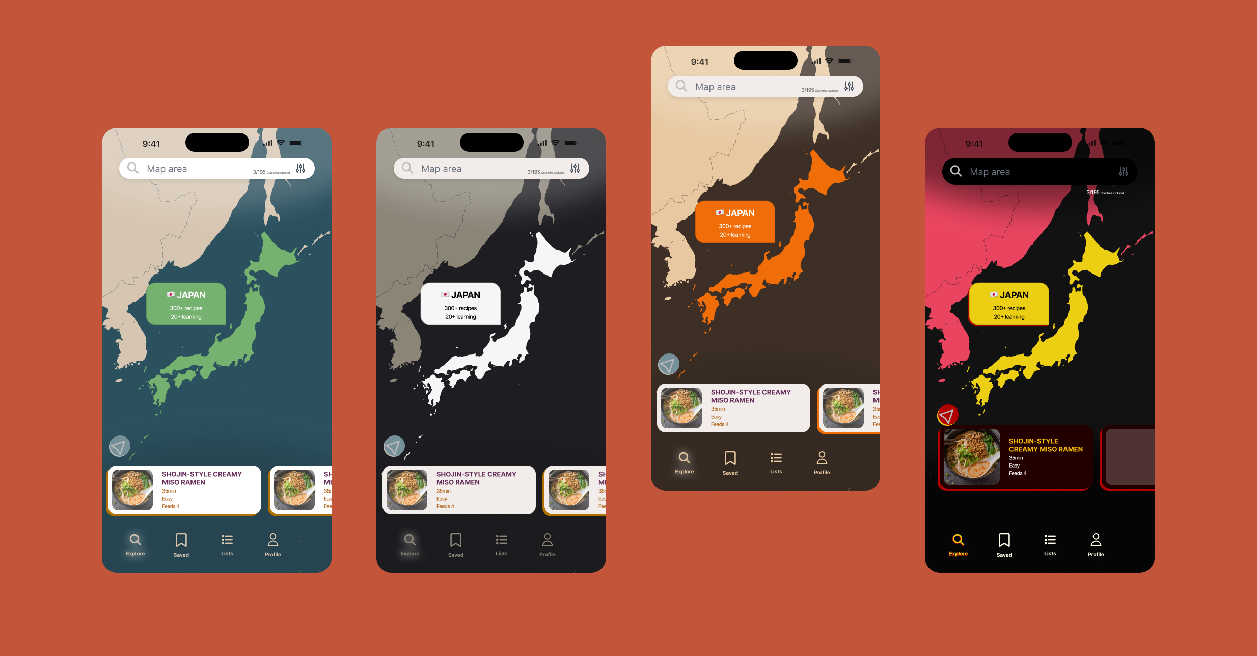 Four COOKA home-screen colour directions lined up for a team vote