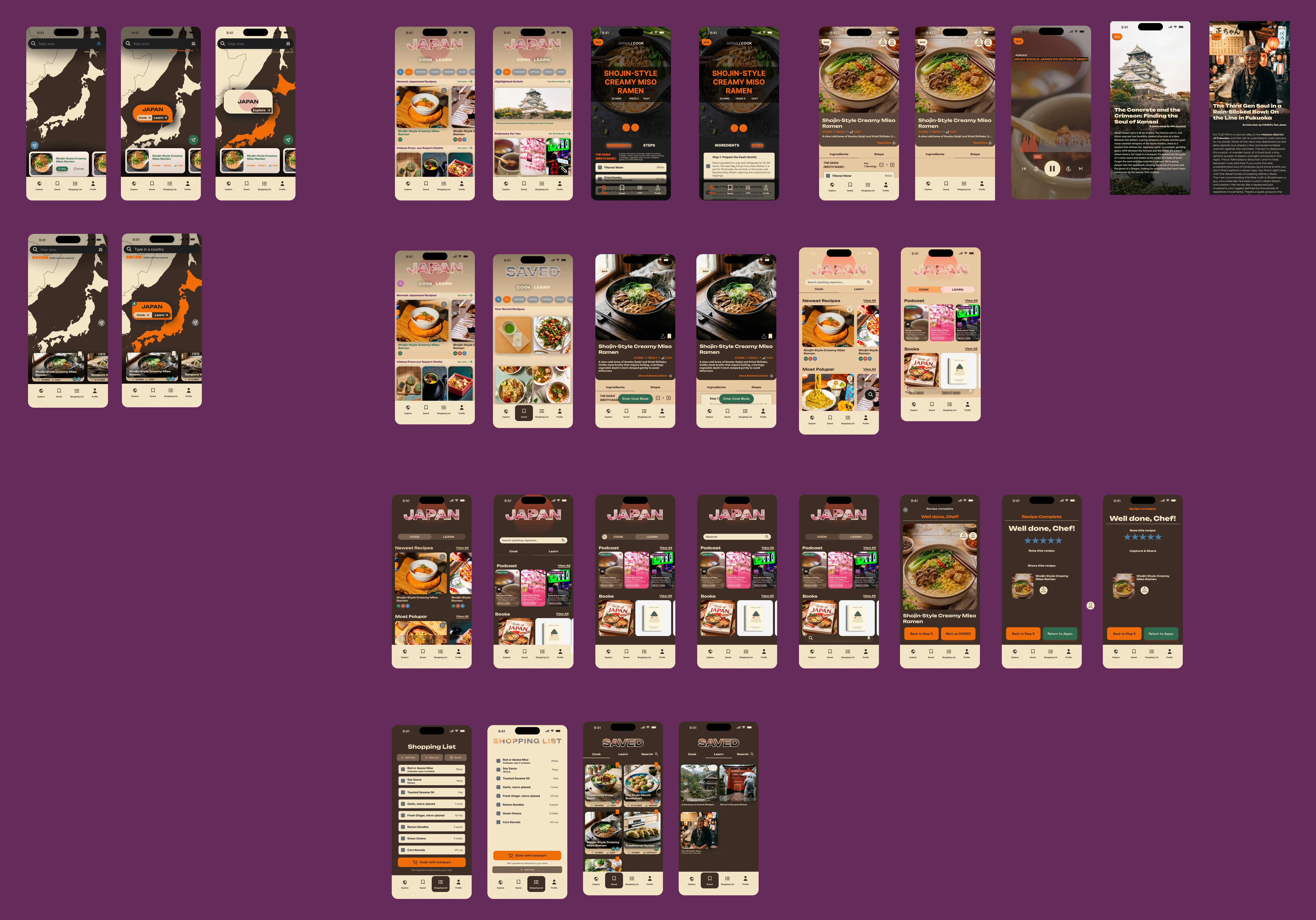 Board of high-fidelity COOKA screen iterations, refining layout, type and components toward the final system